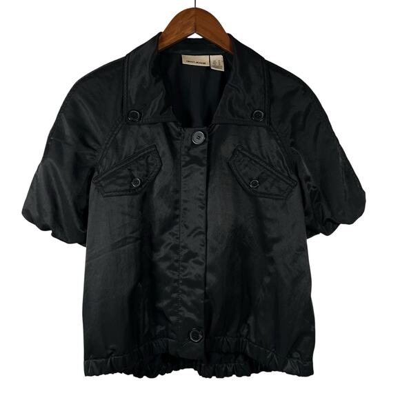 DKNY Jeans Womens Black Cropped Jacket Short Sleeve Satin Finish Size Medium - Picture 1 of 12